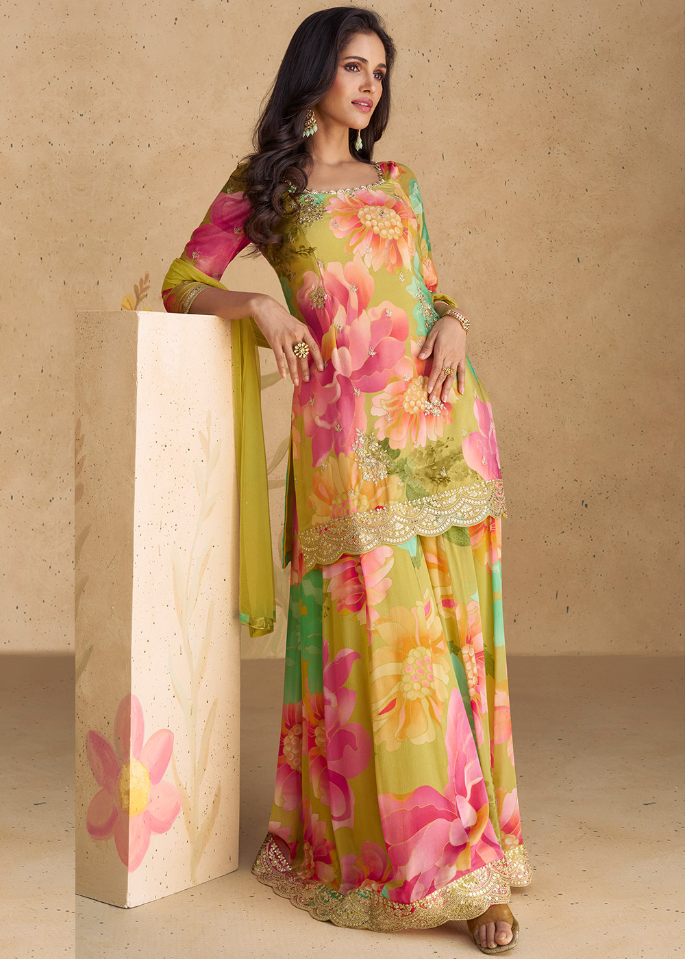 Multicolor Readymade Print Chiffon Sharara Suit Latest 5786SL05
