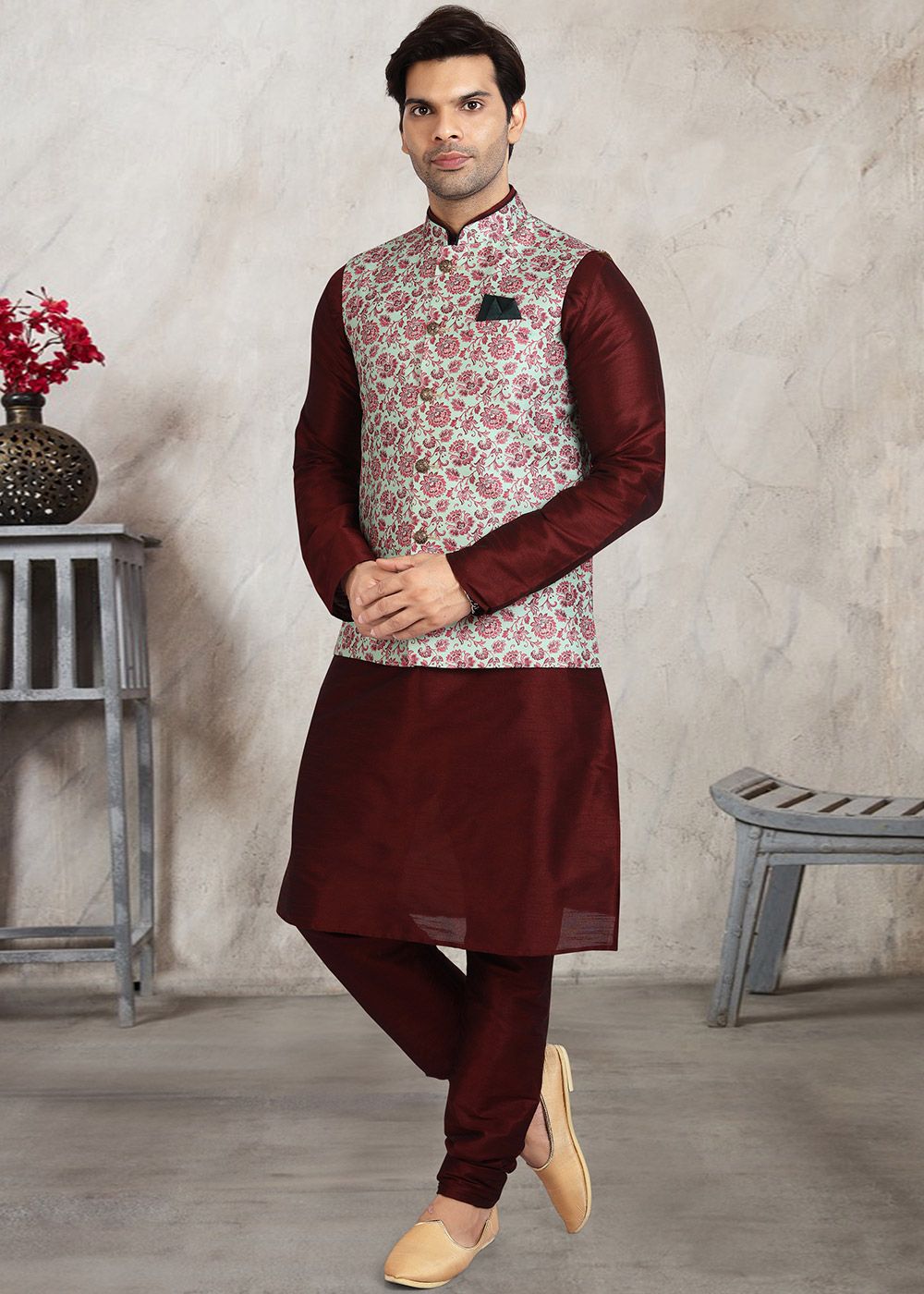 Navy Blue Kurta Set With Wine Pleated Nehru Jacket Design by Gargee  Designers at Pernia's Pop Up Shop 2023