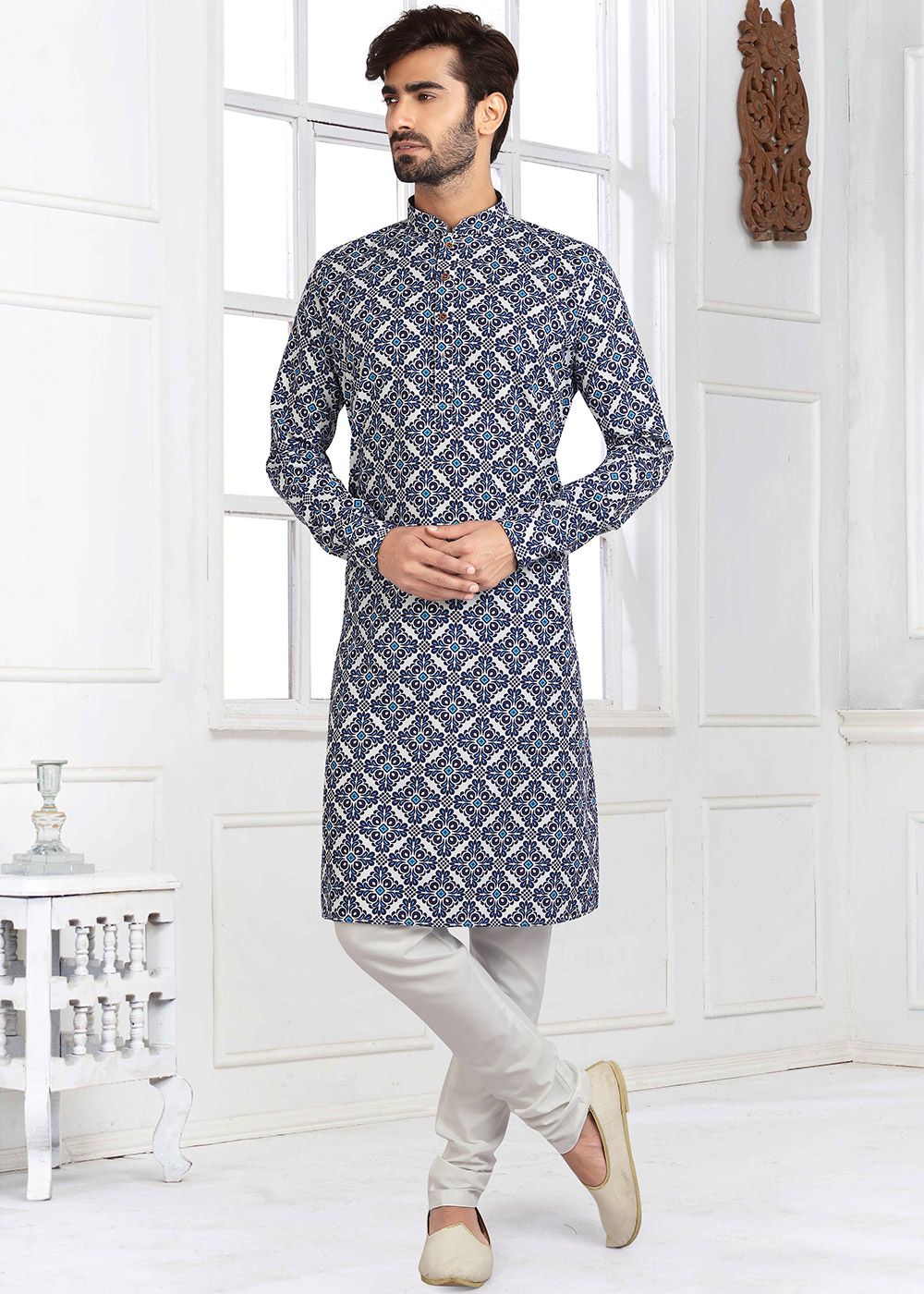 Men Navy Blue & White Ethnic Printed Cotton Linen Straight Kurta Handcrafted Kurta Kurta Men Top Tunic Short Kurta Indian Shirt Kurta