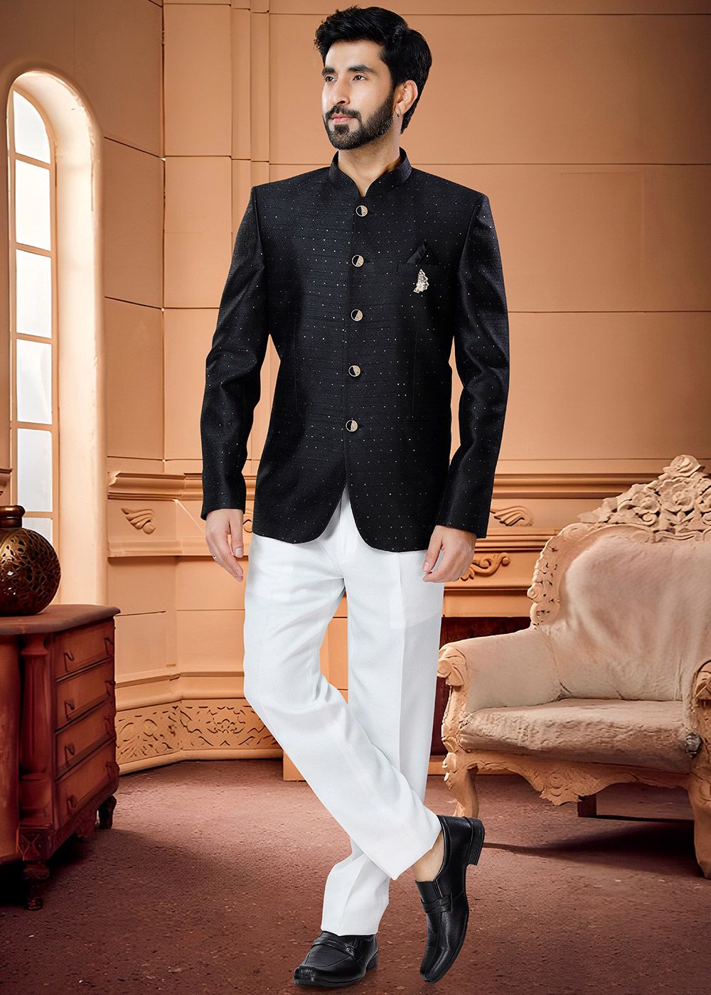 Boy Exclusive Suede Leather Black Bandhgala With White Trouser for Kids