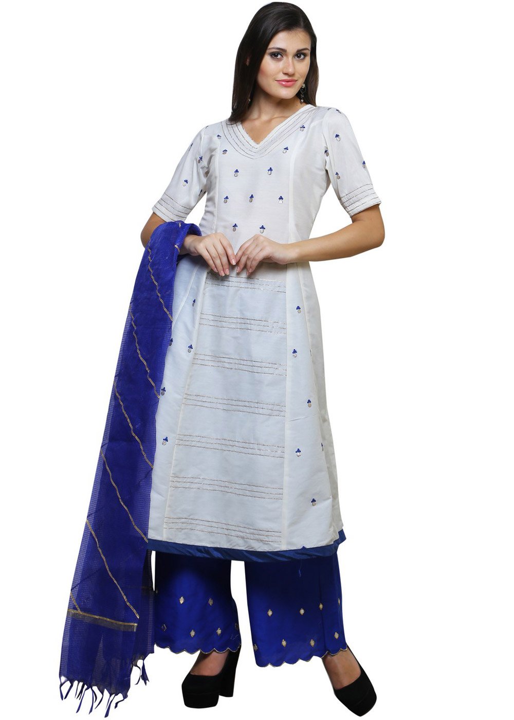 white salwar suit with blue dupatta