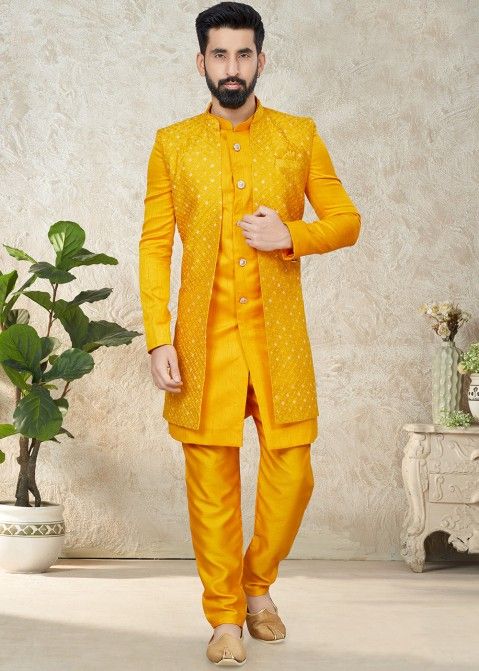 Yellow Embroidered Indo Western Sherwani & Jacket In Readymade 