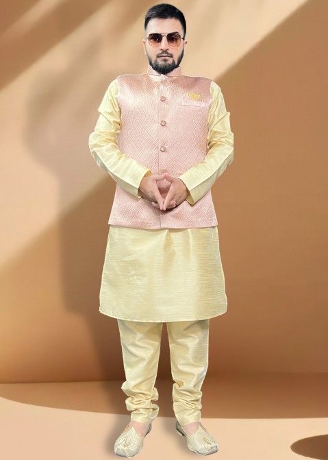 Golden Silk Kurta Pajama & Nehru Jacket