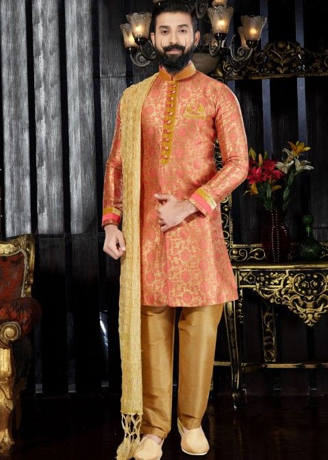 Traditional Indian Mens Clothing: Buy Readymade Golden Jacquard Wedding Sherwani for Men with Stole