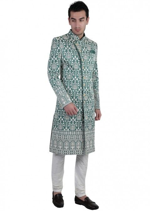 Green Readymade Mens Asymmetric Sherwani In Embroidery