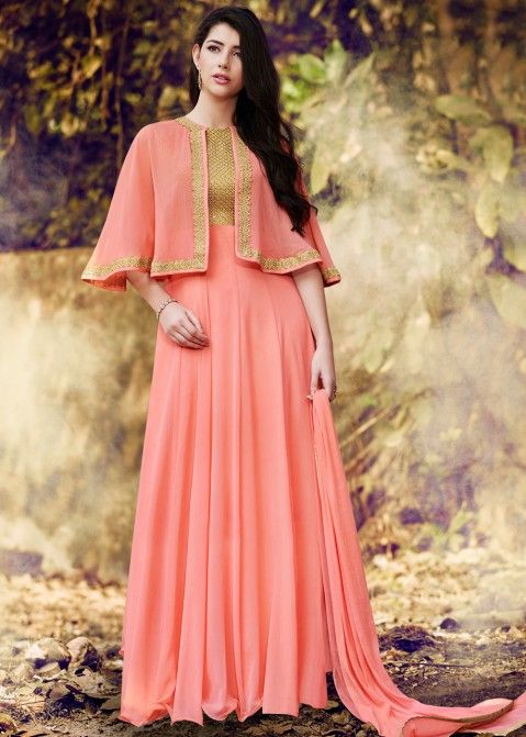 Peach Georgette Suit with Cape