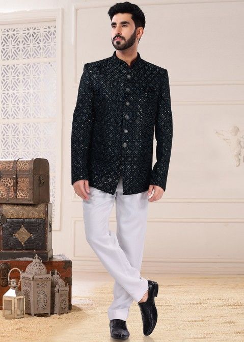 Buy Black Suiting Fabric Embroidered Jodhpuri And Pant Set For Men by Nero  by Shaifali and Satya Online at Aza Fashions.