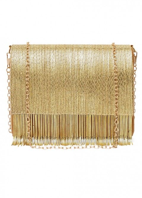 Golden Fringed Velvet Flapover Clutch With Chain Strap