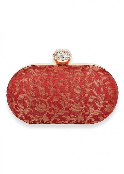 Woven Brocade Maroon Clutch With Chain Strap