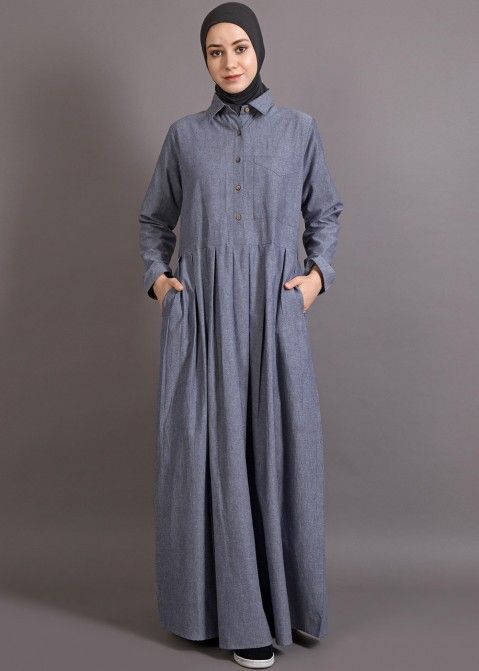 Grey Shirt Style Readymade Cotton Abaya