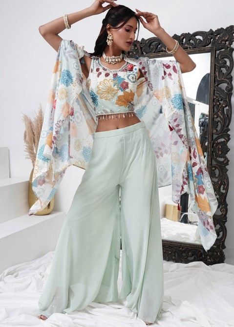 Green Readymade Chiffon Crop Top Palazzo In Jacket Style Indo