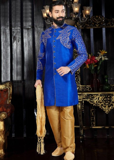 Readymade Royal Blue Art Silk Sherwani with Stole