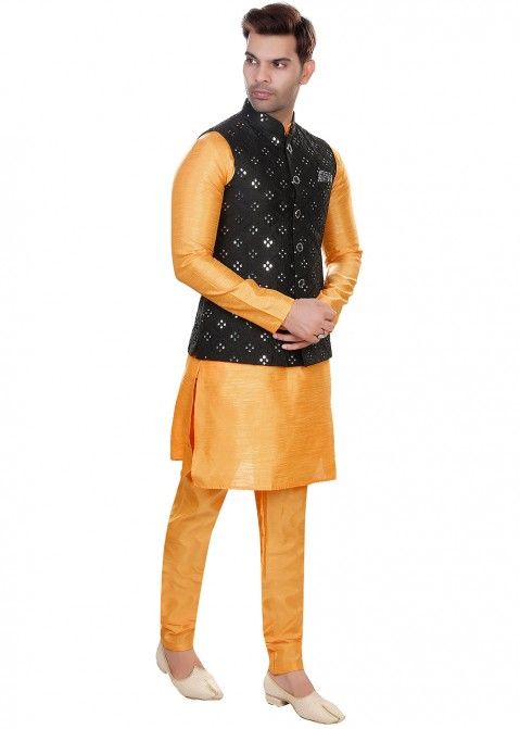 Yellow Readymade Jacquard Kurta Pajama In Nehru Jacket Style