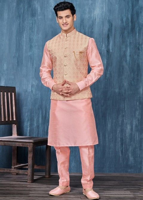 Pink Woven Kurta Pajama With Nehru Jacket