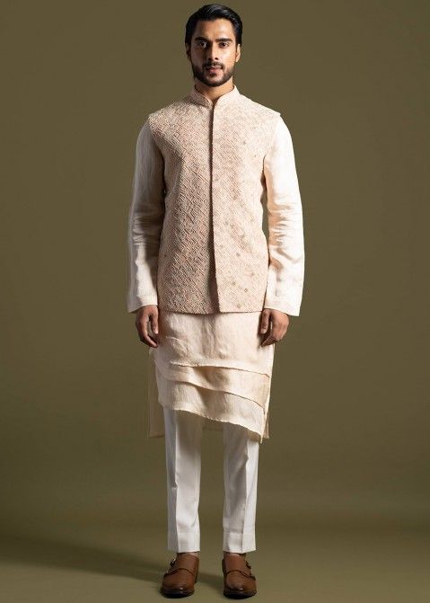 Peach Layered Kurta Pant & Embroidered Nehru Jacket