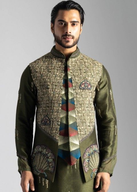 Green Embroidered Silk Asymmetric Nehru Jacket