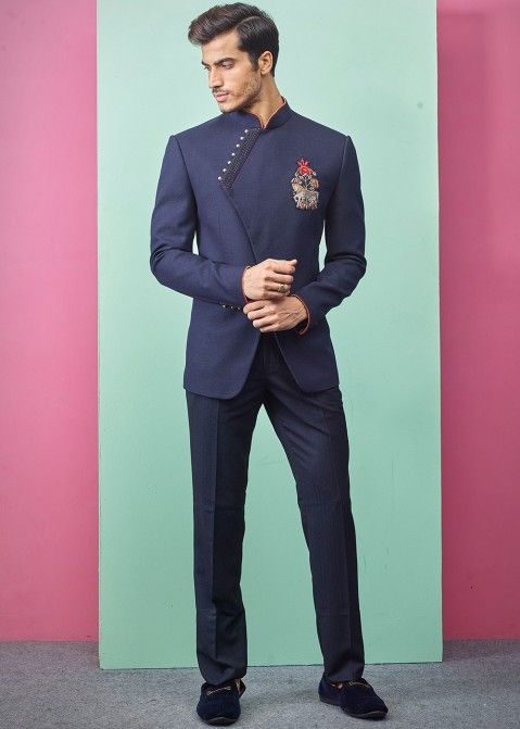 Shop Navy Blue Embroidered Bandhgala Suit USA