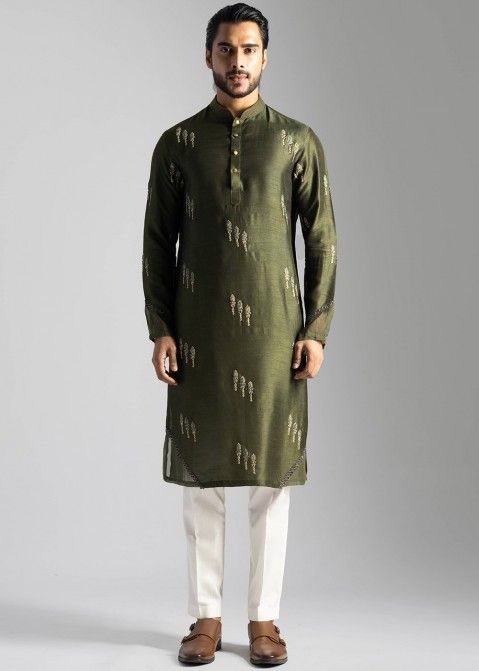 Buy Latest Green Embroidered Kurta Pajama For Men Online Panash India USA