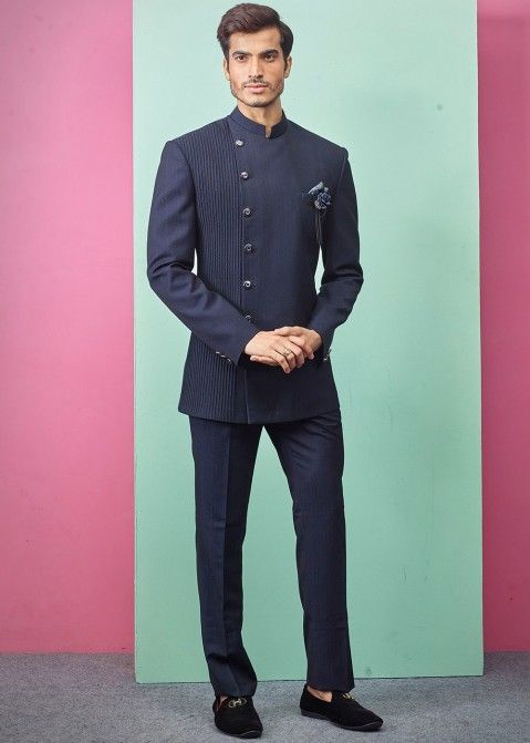 Navy Blue Readymade Bandhgala Jodhpuri Suit