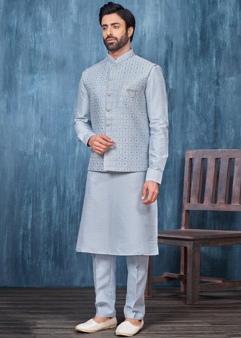 Blue Embroidered Kurta Pajama With Nehru Jacket