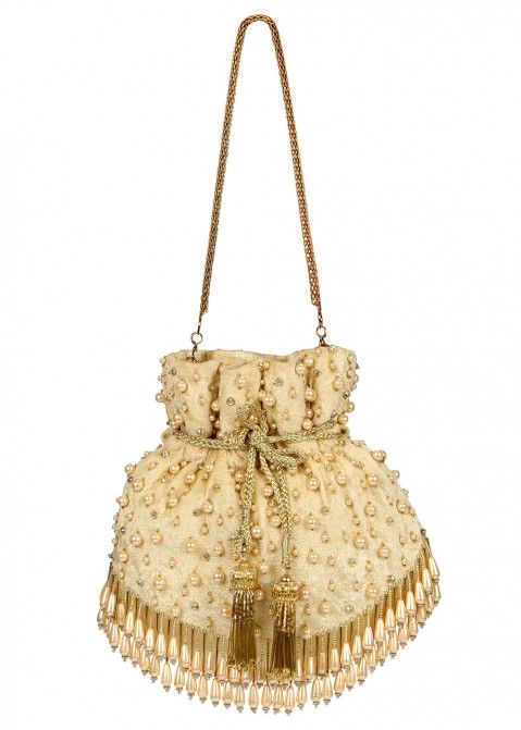 Golden Pearls Embroidered Velvet Potli Bags