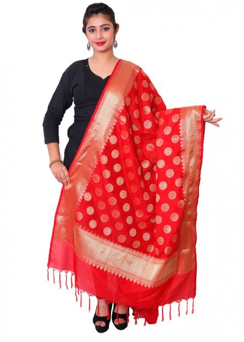 Red Woven Dupatta In Art Silk