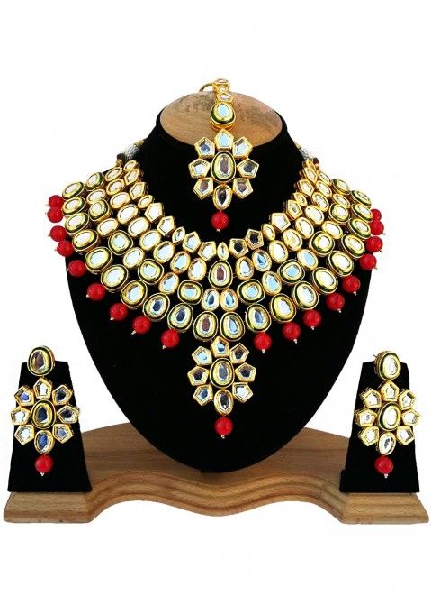 Indian Jewelry in USA: Buy Red Pearl Golden Kundan Stone Studded Necklace Set Online