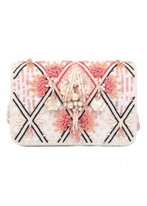 White & Pink Embroidered Clutch Bag In Silk