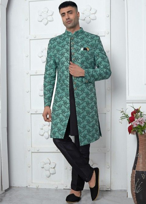 Sea Green Woven Mens Jacquard Sherwani In Jacket Style