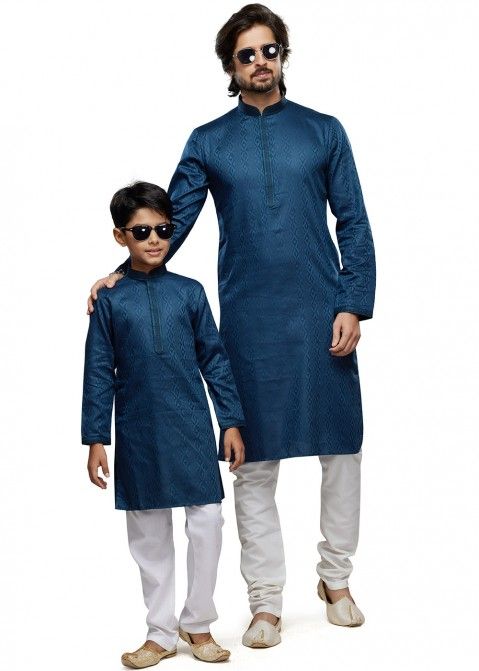 Blue Father & Son Printed Art Silk Kurta Pajama