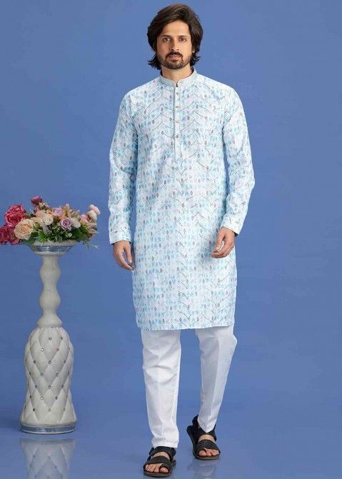 Blue Digital Printed Kurta Pajama In Cotton