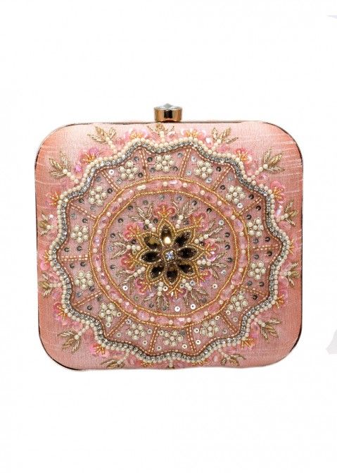 Peach Embroidered Clutch Box In Art Silk