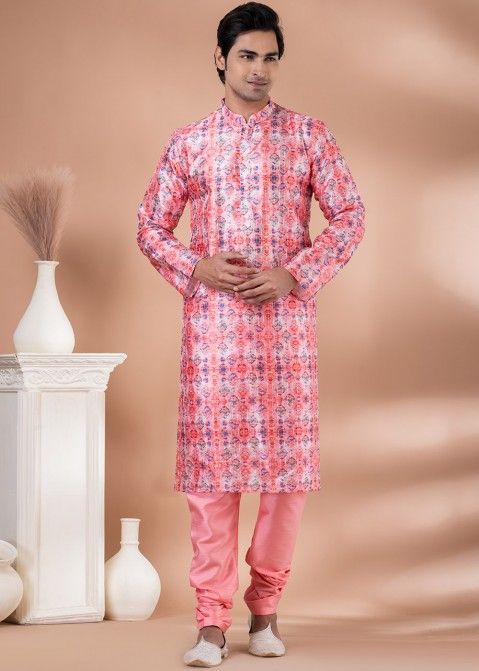 Pink Readymade Digital Printed Cotton Mens Kurta Pajama