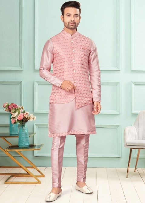 Pink Mens Kurta Pajama & Woven Nehru Jacket