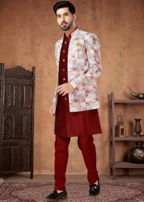 Red Readymade Mens Indowestern Sherwani & Jacket In Silk
