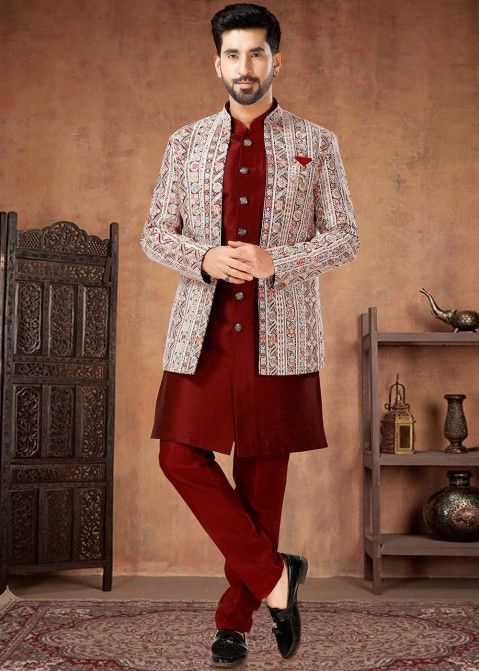 Readymade Mens Silk Indowestern Sherwani & Jacket In Red