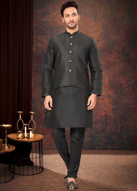 Black Woven Kurta Pajama With Nehru Jacket