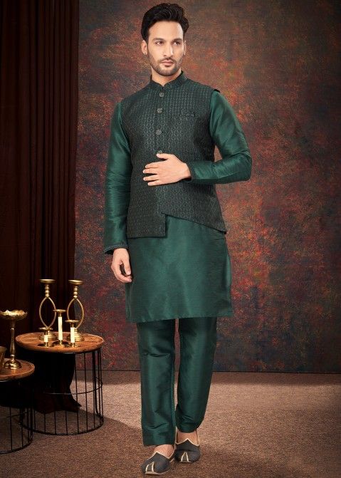 Green Woven Kurta Pajama With Nehru Jacket