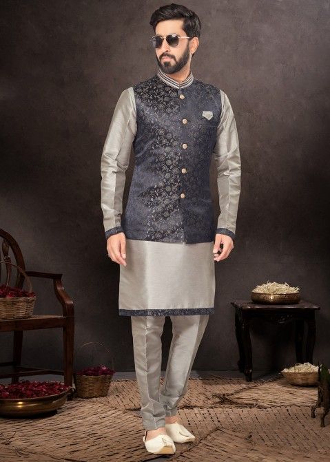Readymade Dupion Silk Mens Nehru Jacket & Kurta Pajama In Grey