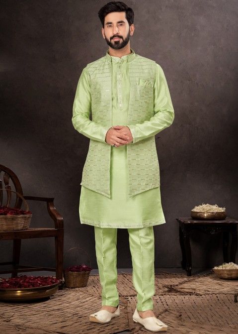 Green Dupion Silk Mens Readymade Nehru Jacket And Kurta Pajama