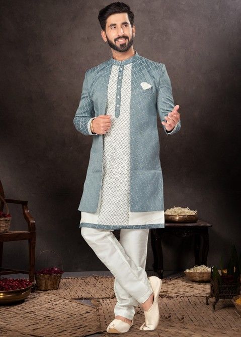 Off White Readymade Mens Art Silk Jacket Style Sherwani In Embroidery
