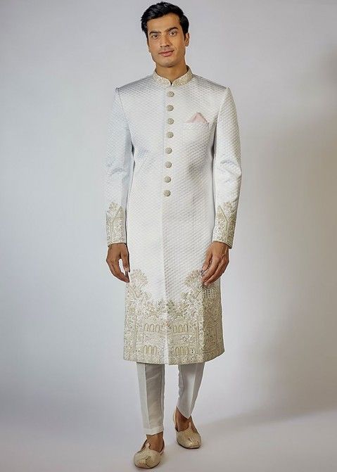 Off White Embroidered Readymade Mens Silk Sherwani