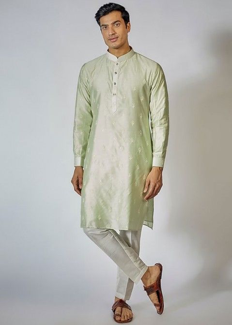Pastel Green Readymade Embroidered Mens Kurta Pajama In Cotton