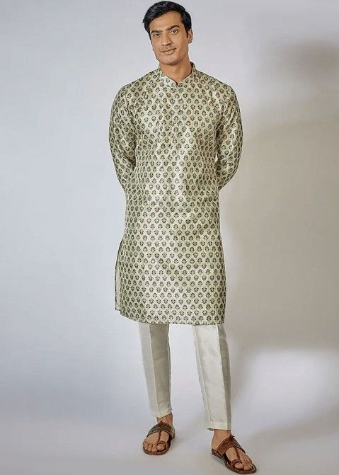 Sage Green Digital Printed Readymade Mens Kurta Pajama In Cotton