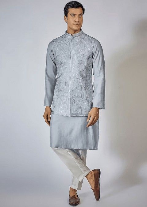 Grey Readymade Mens Nehru Jacket & Kurta Pajama In Silk