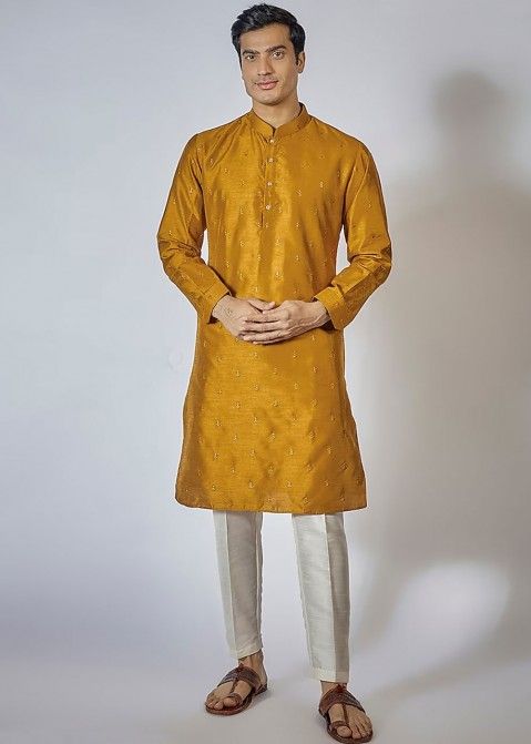 Yellow Embroidered Readymade Cotton Mens Kurta Pajama