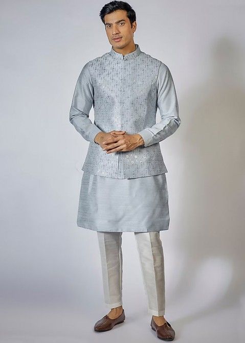 Grey Readymade Mens Silk Nehru Jacket & Kurta Pajama 
