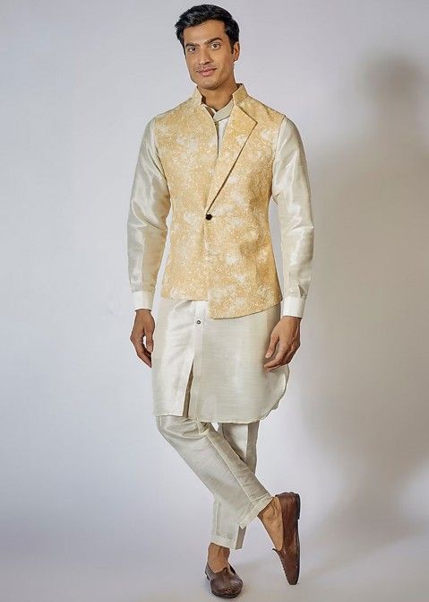 Off White Readymade Silk Mens Kurta Pajama & Nehru Jacket