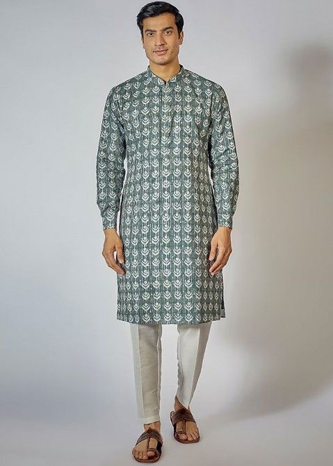 Grey Digital Printed Readymade Cotton Mens Kurta Pajama