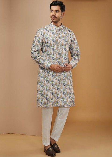 White Floral Printed Readymade Mens Kurta Pajama In Dupion Silk